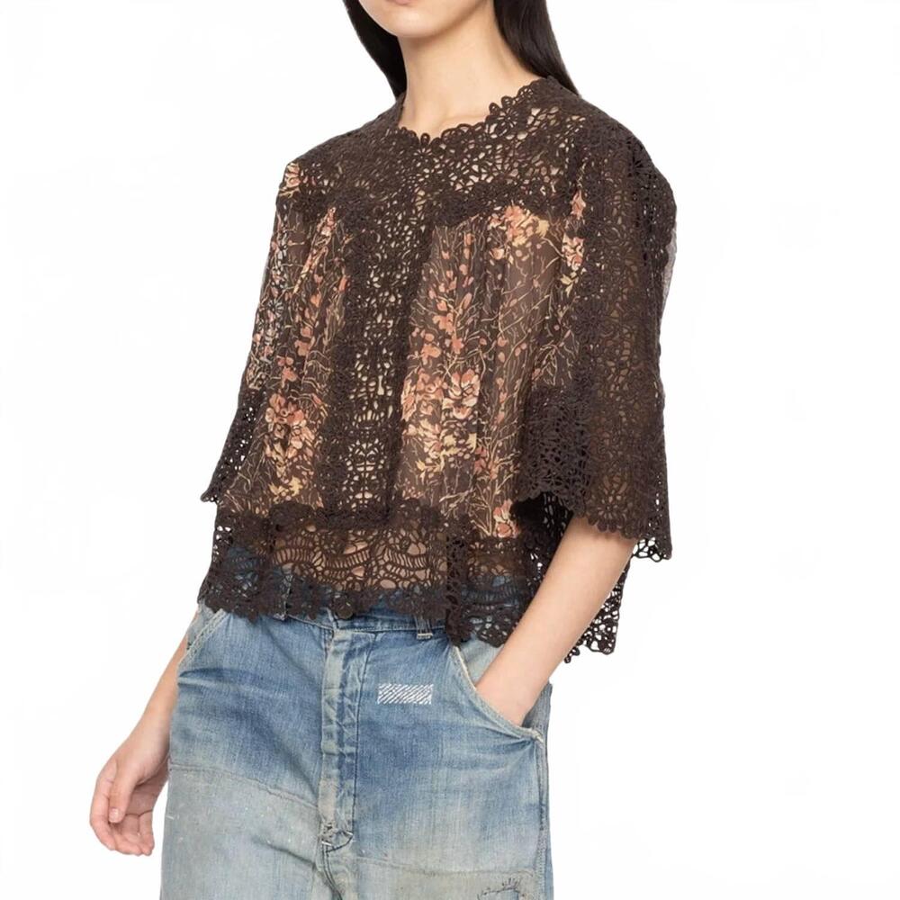NEW SEA luisa print crew neck top in brown